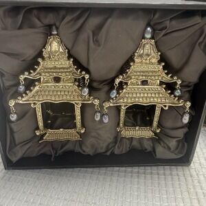 Set 2 L'Objet Pagoda Napkin Jewels Rings Holders 24K Gold Plated Crystals Pearls